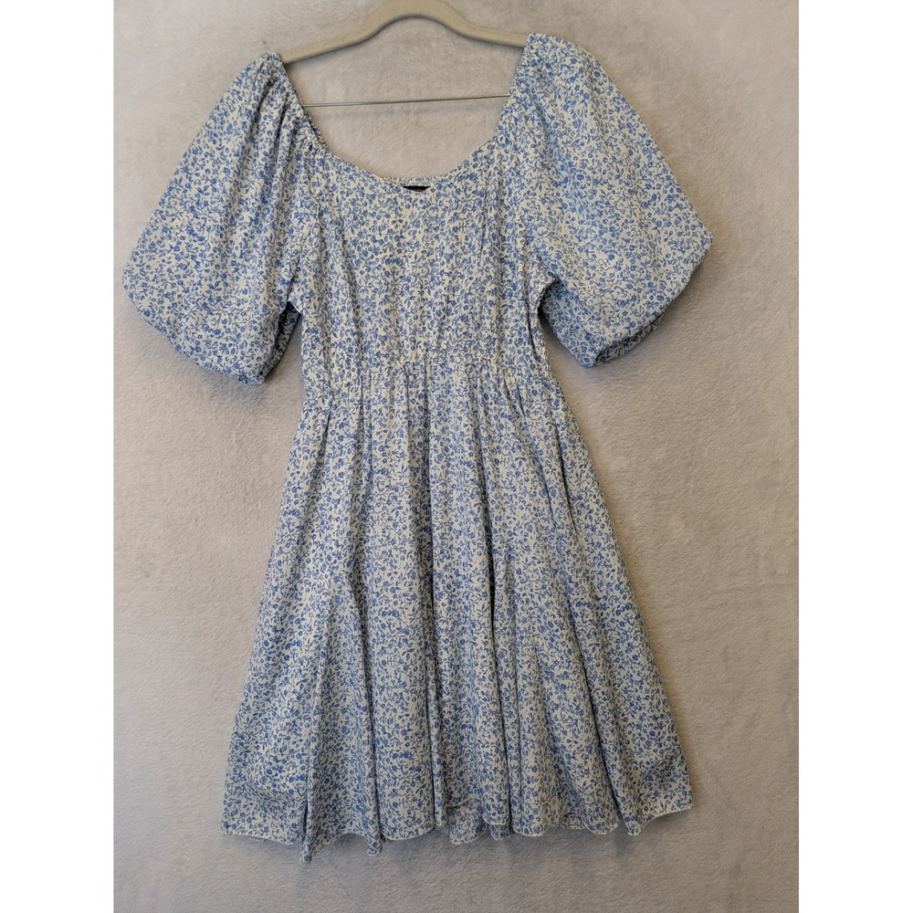 Mikarose Mini Dress Women's XS Blue White Floral Puff‎ Sleeve Smocked Modest